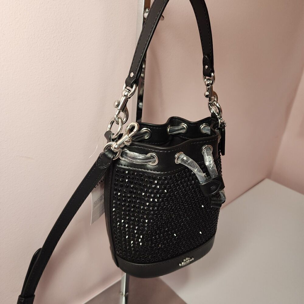 NWT COACH CX213 BLACK CRYSTAL MINI BUCKET DRAWSTRING SHOULDER CROSSBODY BAG - Picture 2 of 6